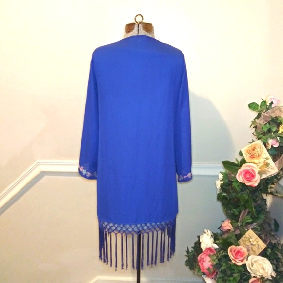 Umgee Royal Blue Pastel Embroidered Knotted Fringe Kimono - Picture 8 of 11